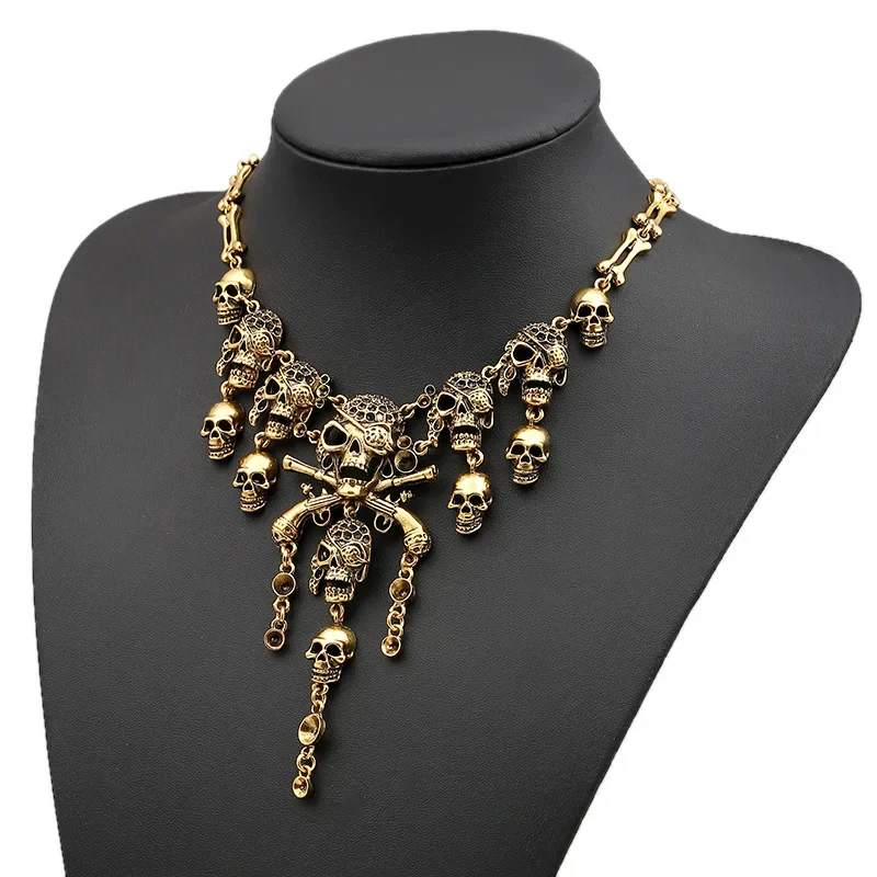 

Classic Jewelry Statement Vintage Pirate Skeleton Skull Necklace Pendant for Men Women Retro Rhinestone Biker Goth Punk