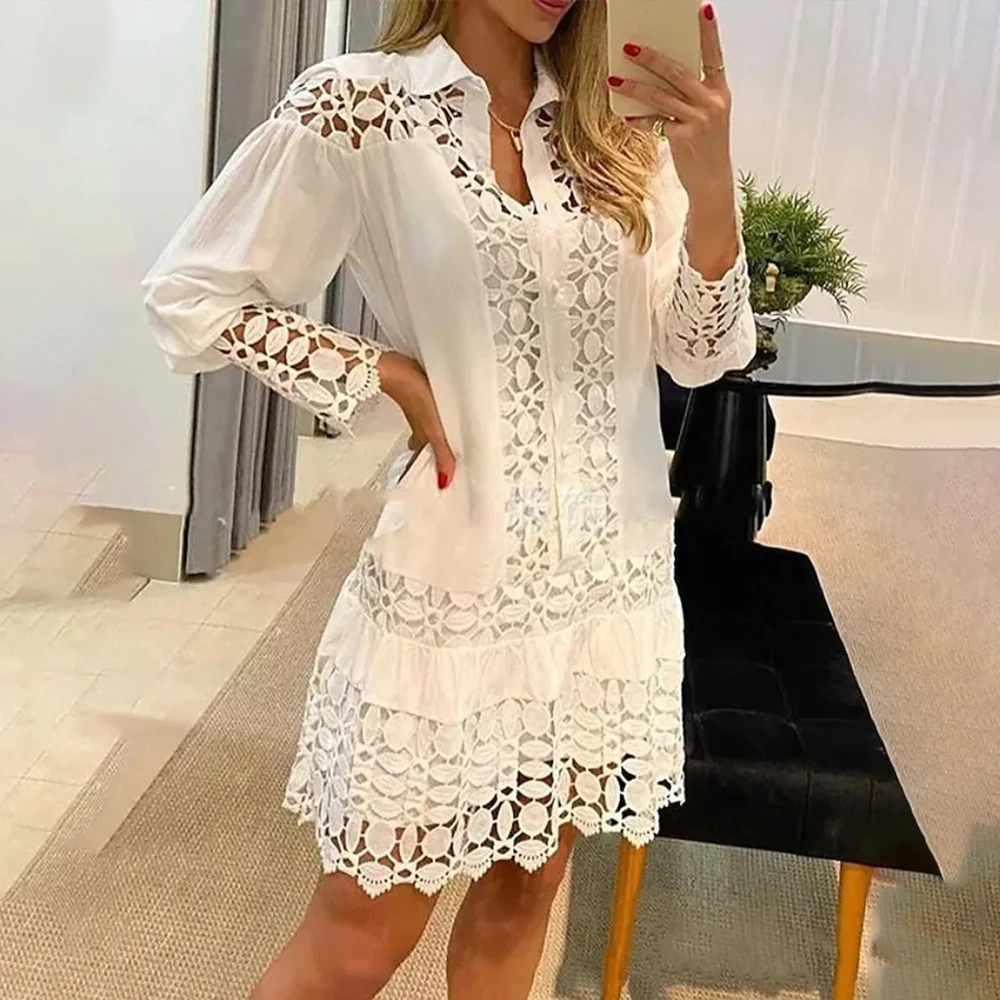 Hollow Out Floral Solid Color Fashion Casual Sexy Guipure Lace Patch Shirt Dress Mini Dress Y2K