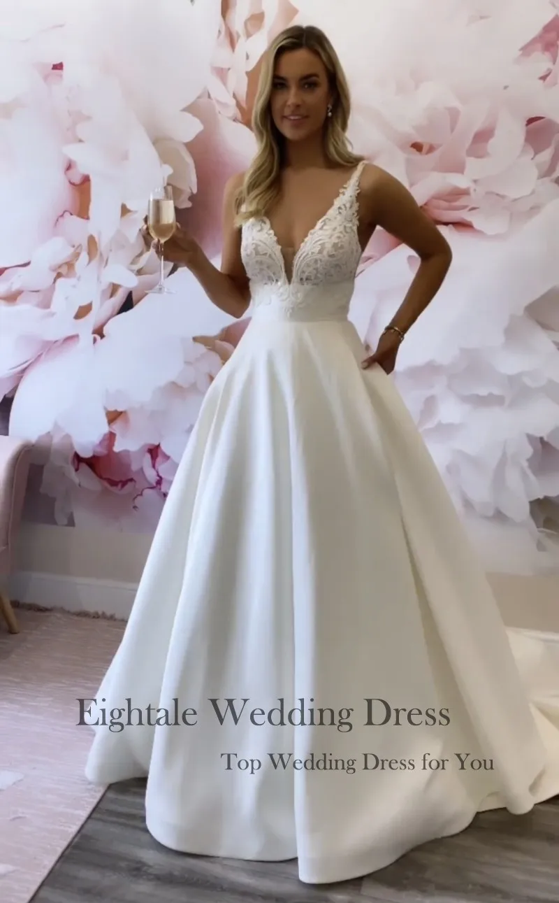 Eightale New Wedding Dresses V-Neck Appliques Lace Customized A-Line Satin Princess Bridal Gown White Ivory hochzeitskleid 3
