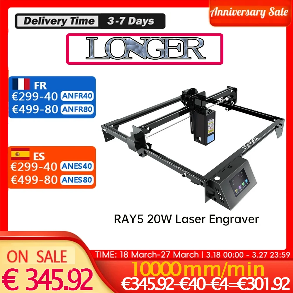 Incisore Laser Ray5 20W Più Lungo, Touchscreen A Colori Spot Laser 0.08*0.1Mm Chipset A 32 Bit Connessione App Macchina Per Incisione Laser