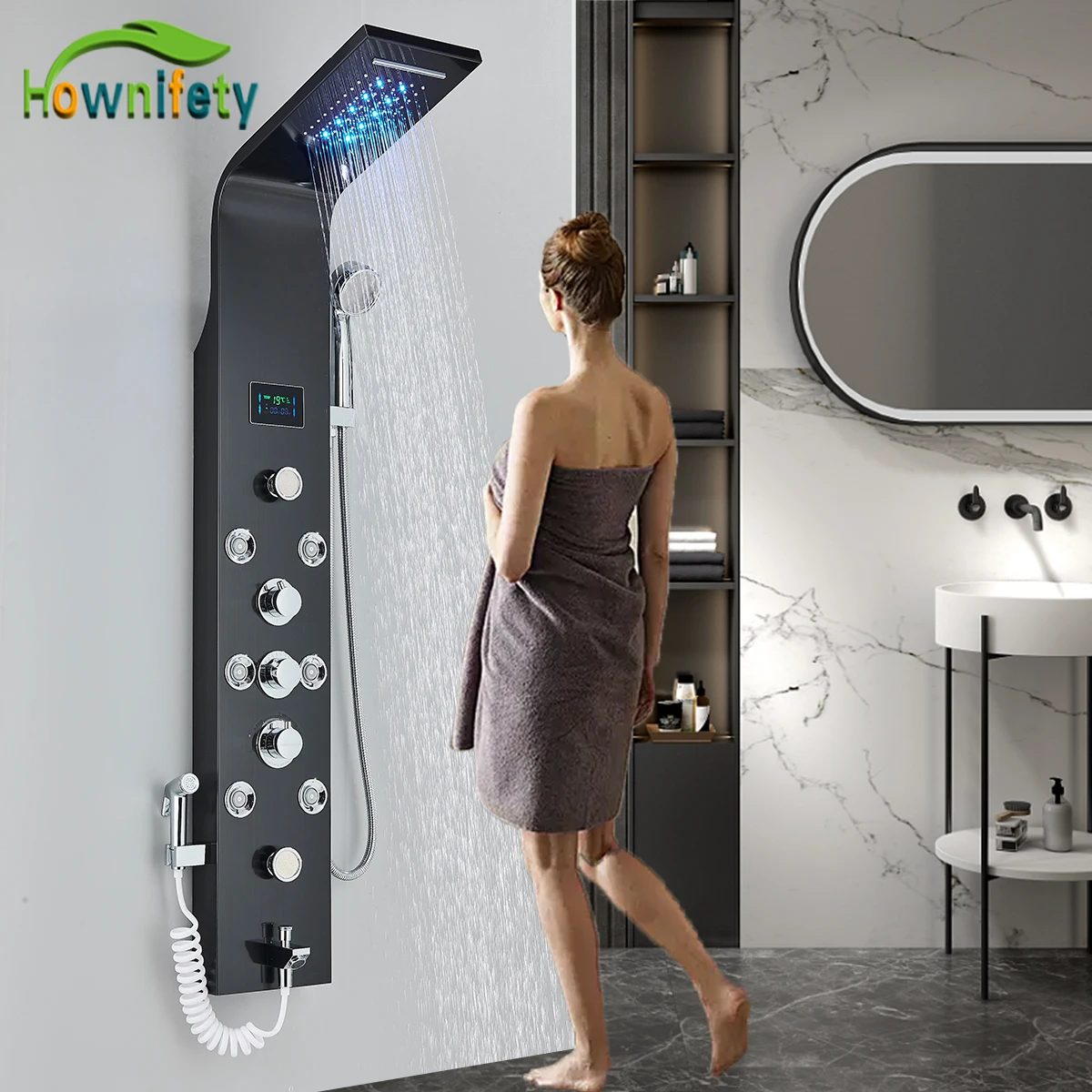 BlackShowerPannelColumnLedBathroomShowerSystemsHotColdMulti