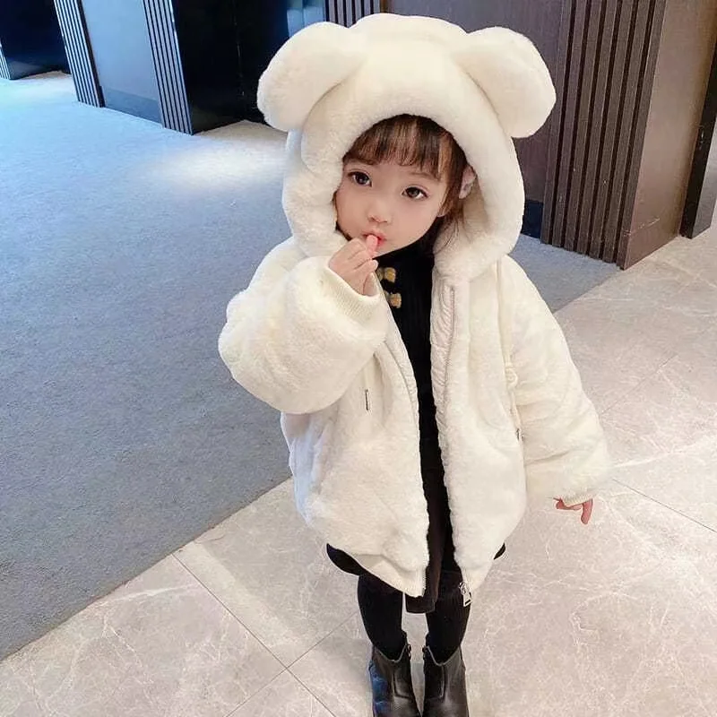 Toddler Girl's Warm Plush Hooded Coat with Bear Ears 2