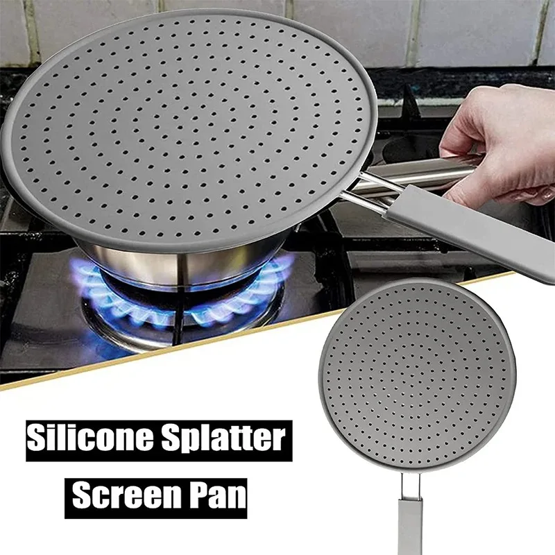 Silicone Kitchen Splatter Screen with Handle Heat-resisting Oil Splash Guard Drain Board Cover Kitchen Frying Pan Lids