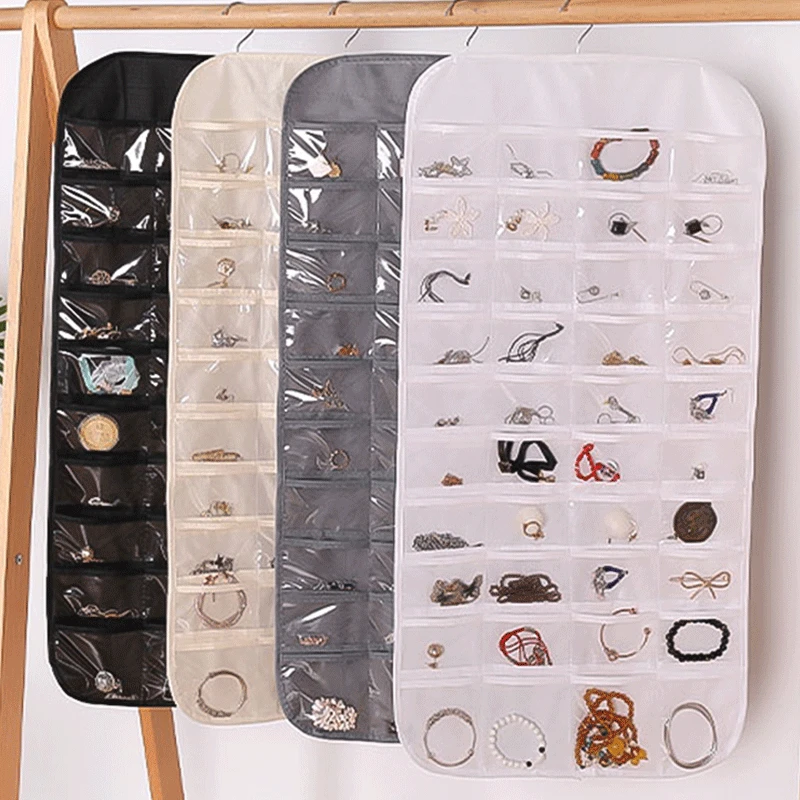 80 Pockets Double Sided Jewelry Storage Bag Display Closet Organizer Hanging Holder For Dress Earrings Necklace Ring Bracelet velvet travel jewelry case roll bag organizer for necklace bracelet earrings ring pvc pockets green