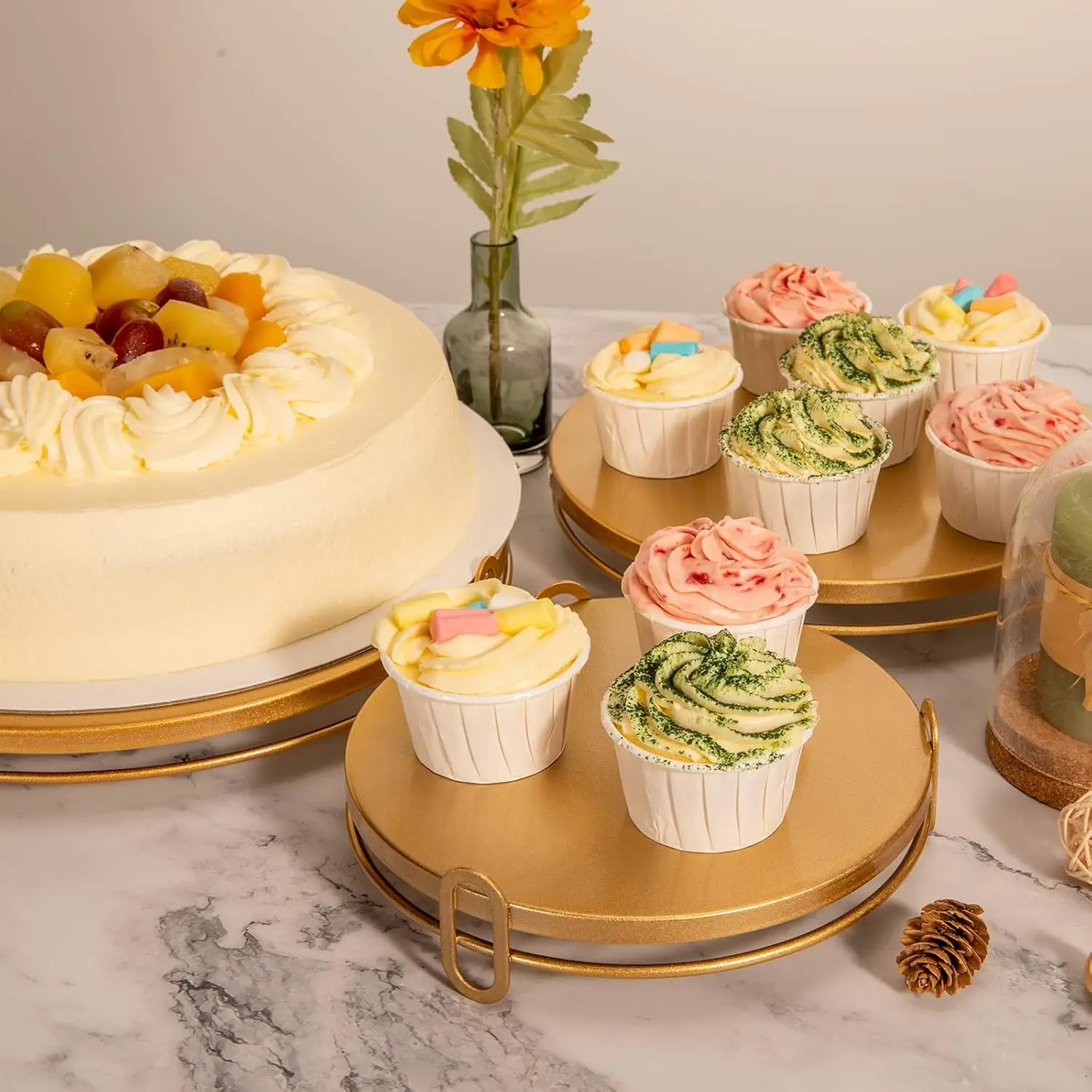 Description Picture 6 of item3PCS Gold Cake Stand Set Modern Dessert Cupcake Candy Fruit Coffee Plate Decoration for Wedding Birthday Party Home Celebration