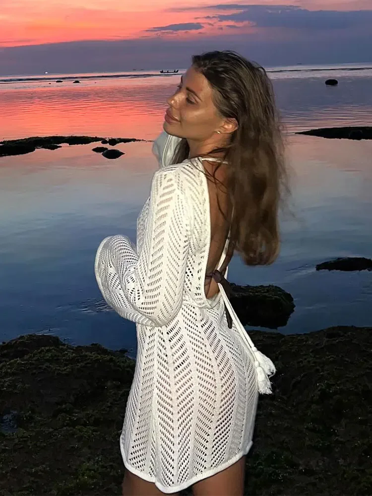 Solid Knit Beach Swimsuit Cover Up Summer 2026 Women Sexy Backless Tassel Lace-up Cut Out Bell Long Sleeve Mini Dress Tunic K110 5
