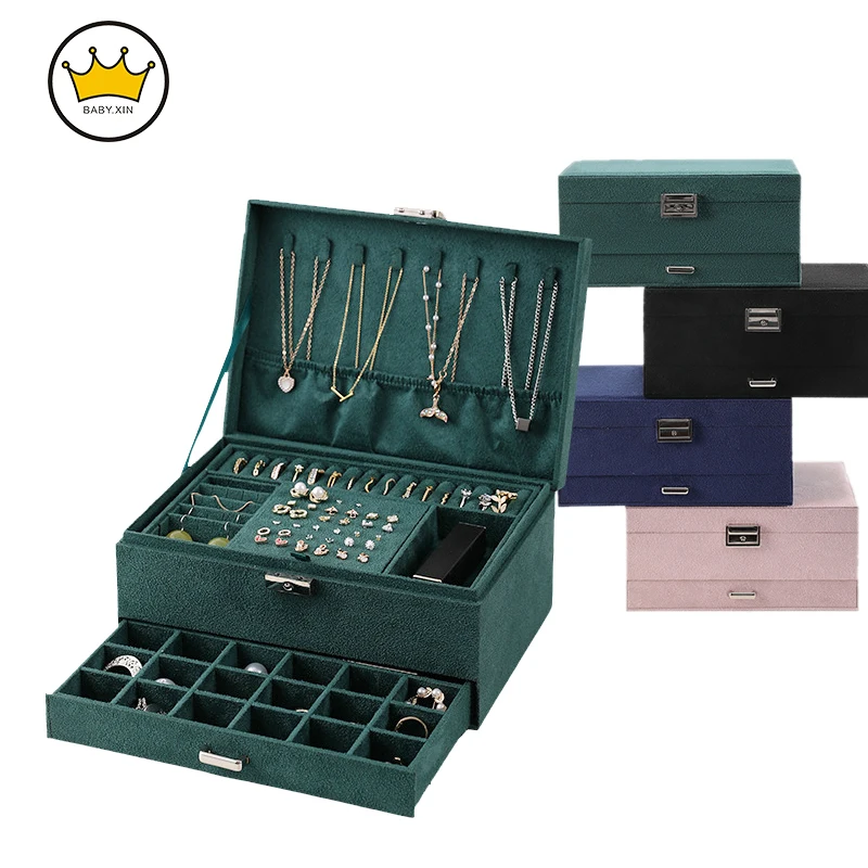 

Flannelette Jewelry Box Three-layer Lock Jewelry Necklace Storage Box Watch Earrings Earrings Ring Box Large Capacity