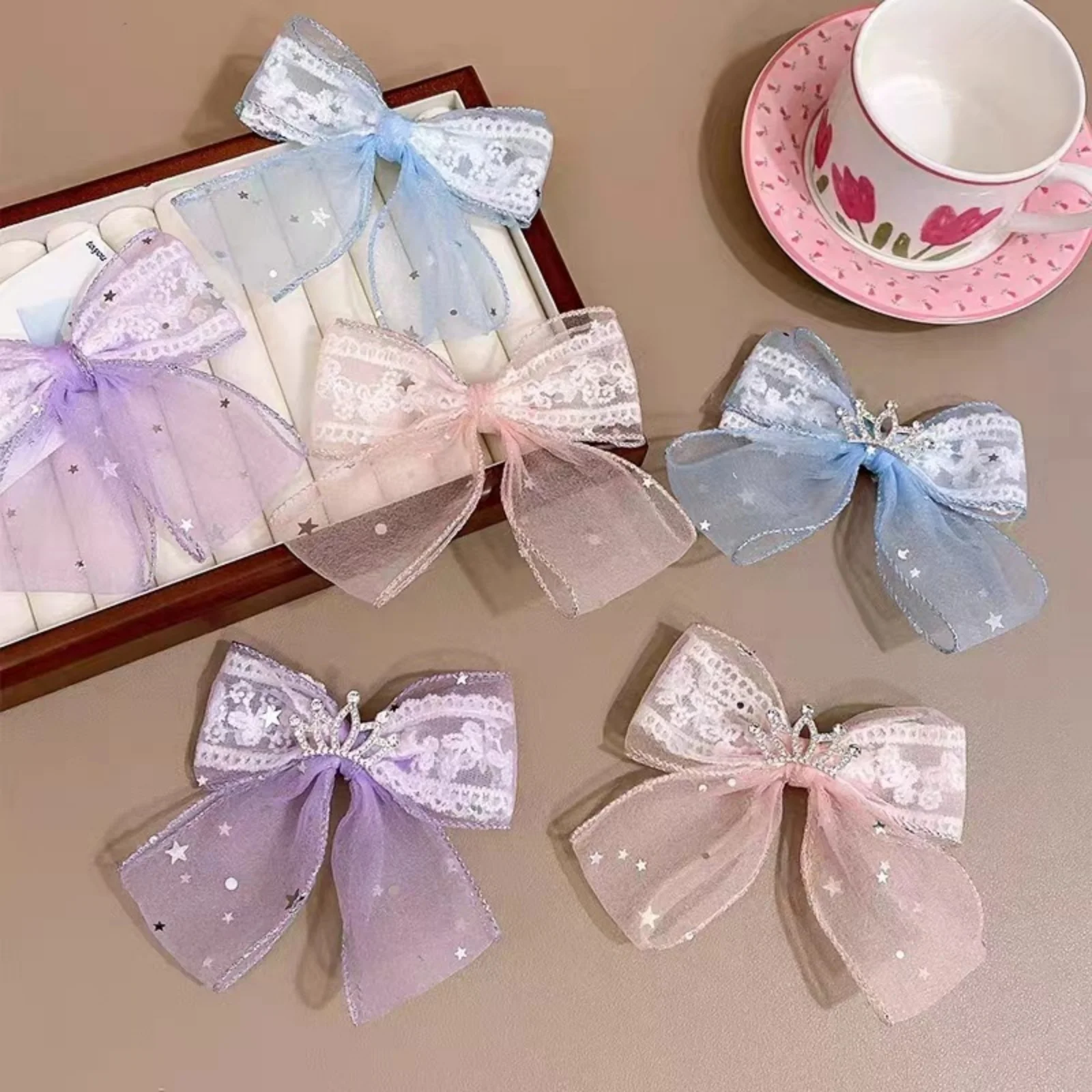 1PC Princess Crown Hair Scrunchies,Lace Tulle Star Hair Bows,Pastel Colorful Hair Accessories For Girls,Glittery Cute Hair Decor