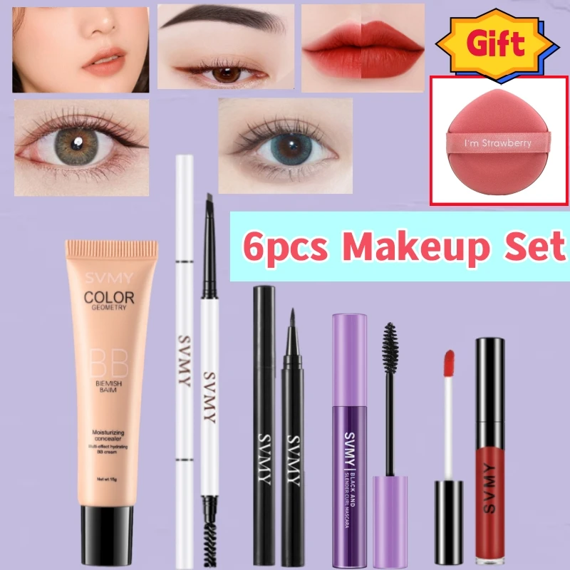 Makeup Set Lipstick BB Cream Concealer Liquid Foundation Waterproof Eyebrow Pen Black Mascara Smooth Eyeliner Cosmetics 6pcs