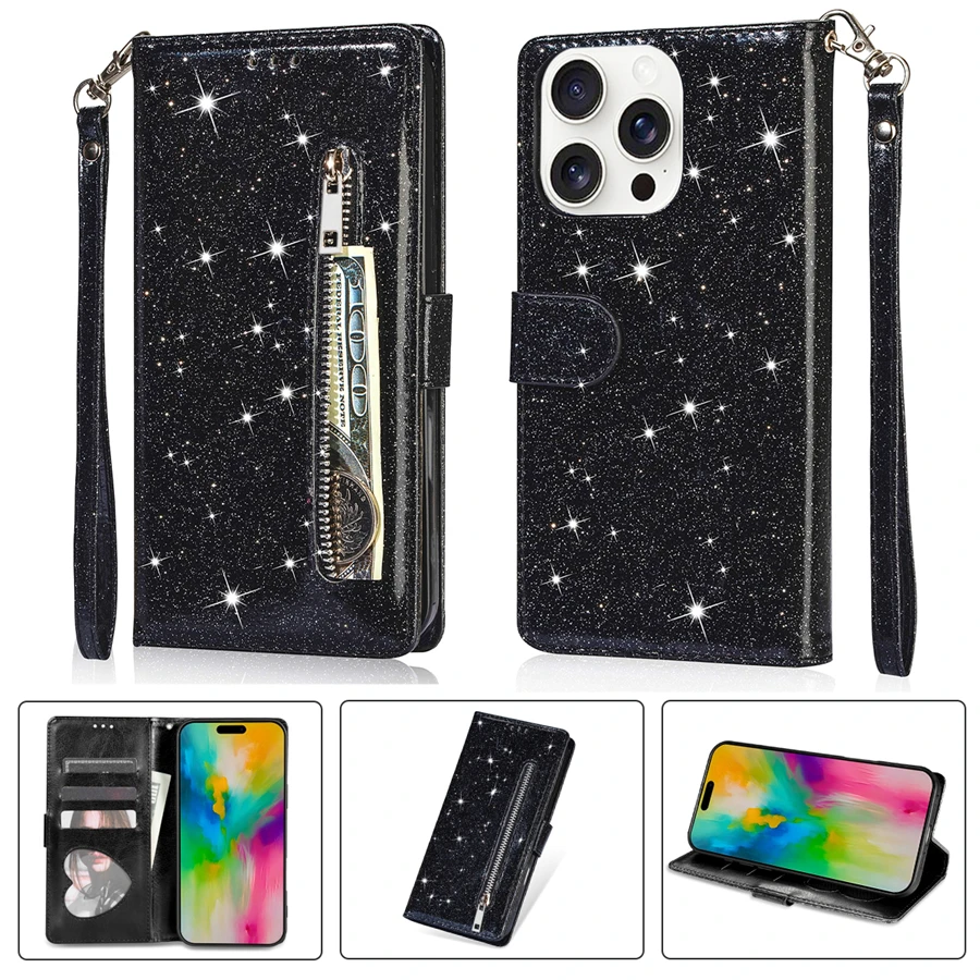 Glitter Zipper Magnetic Flip Leather Wallet Case with Card Slot and Hand Strap