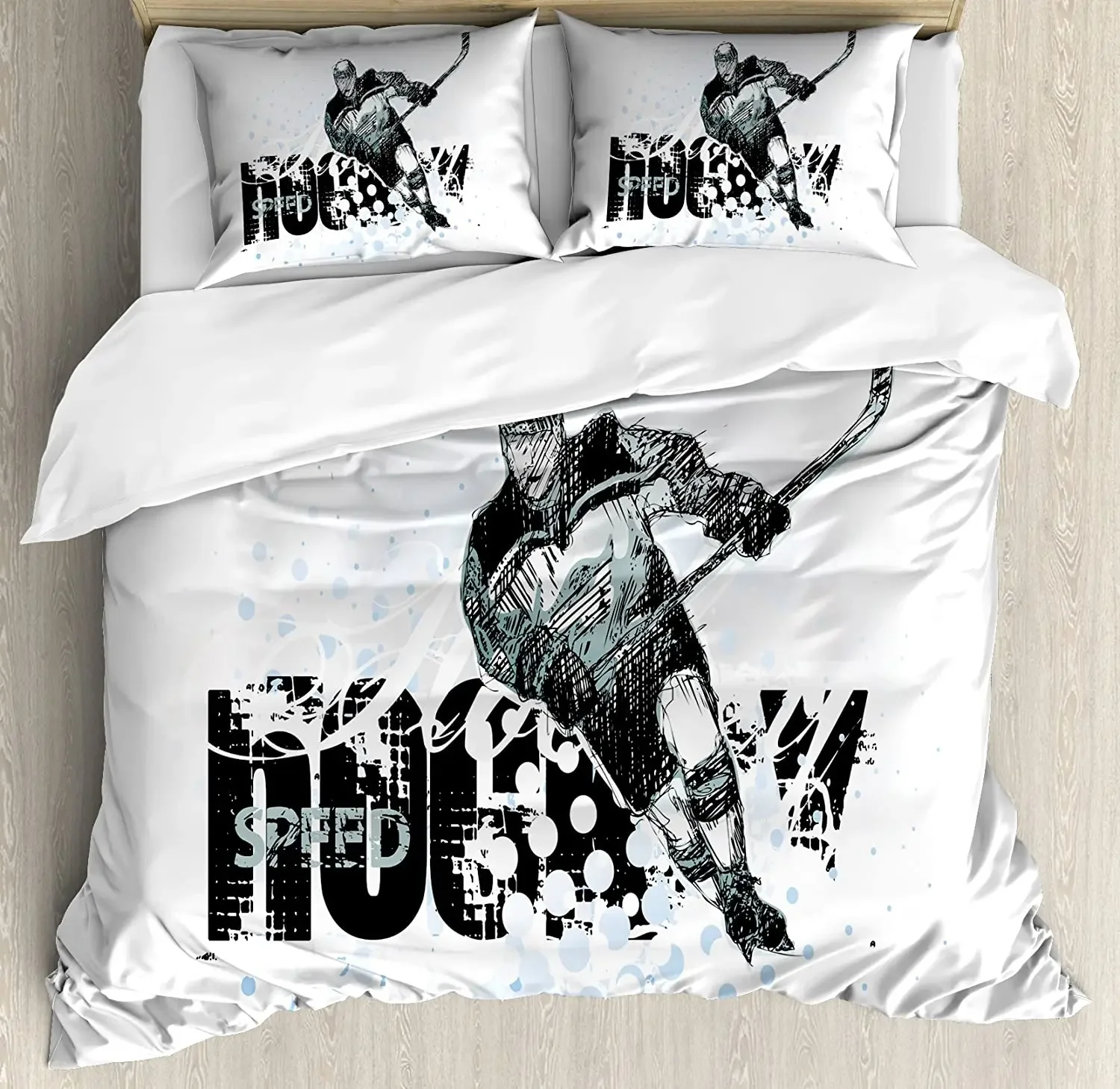 

Hockey Bedding Set For Bedroom Bed Home Grunge Sketch Art of a Professional Player Silhou Duvet Cover Quilt Cover And Pillowcase