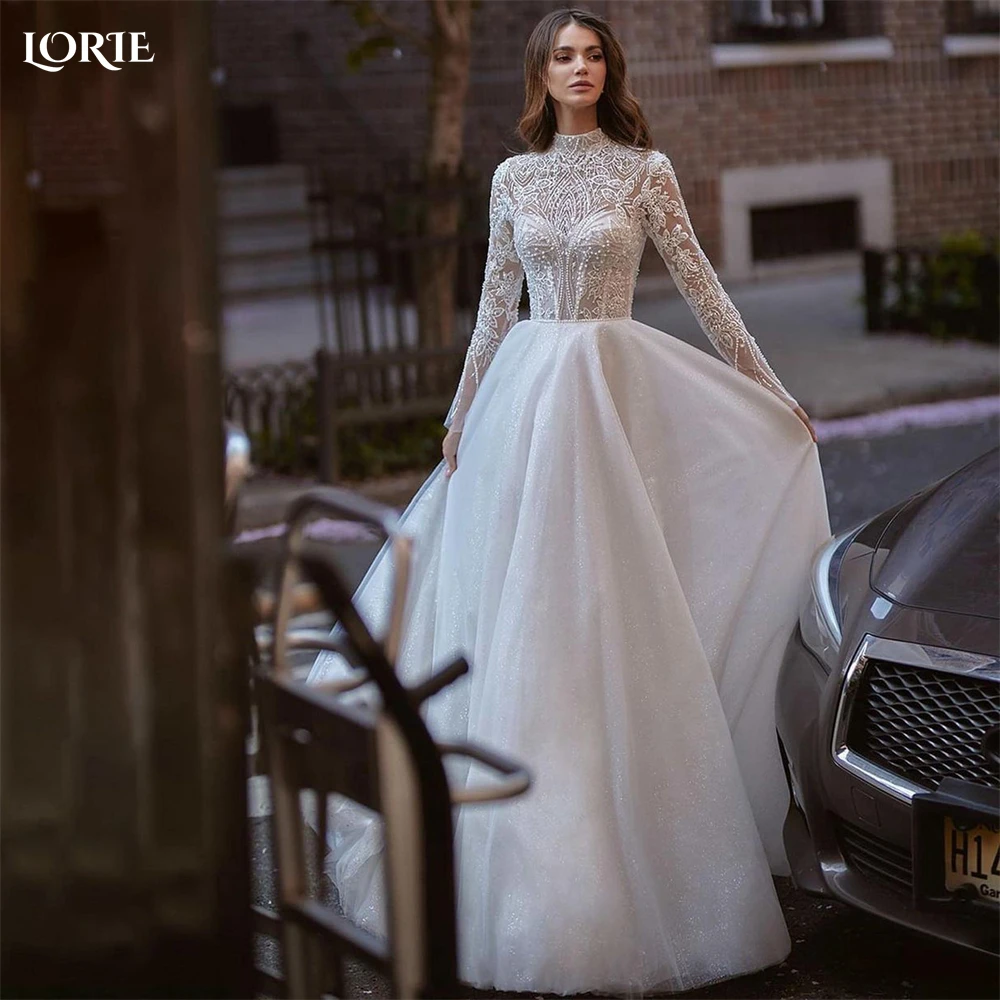 

LORIE Vintage Lace A-Line Wedding Dresses Glitter Tulle Brush Train High Neck Appliques Bridal Gowns Long Sleeves Bride Dress