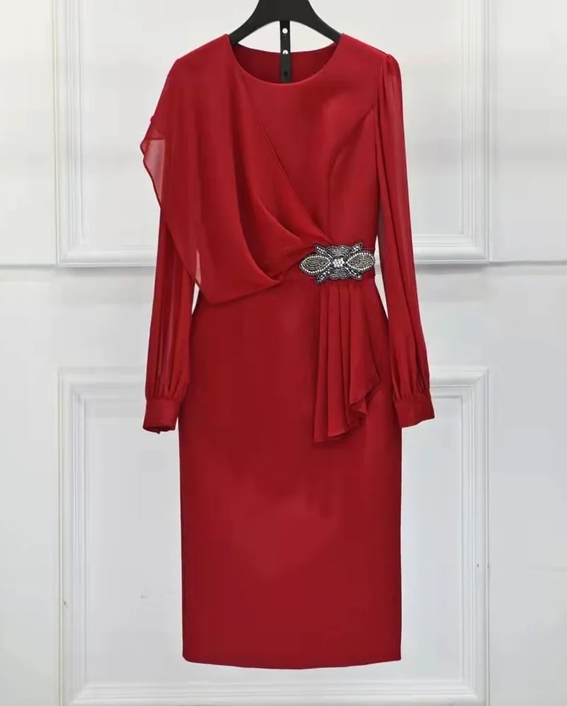 

High Quality Brand New Autumn Winter Dress 2022 Women Beading Deco Long Sleeve Midi Bodycon Red Black Dress Vestidos De Fiesta