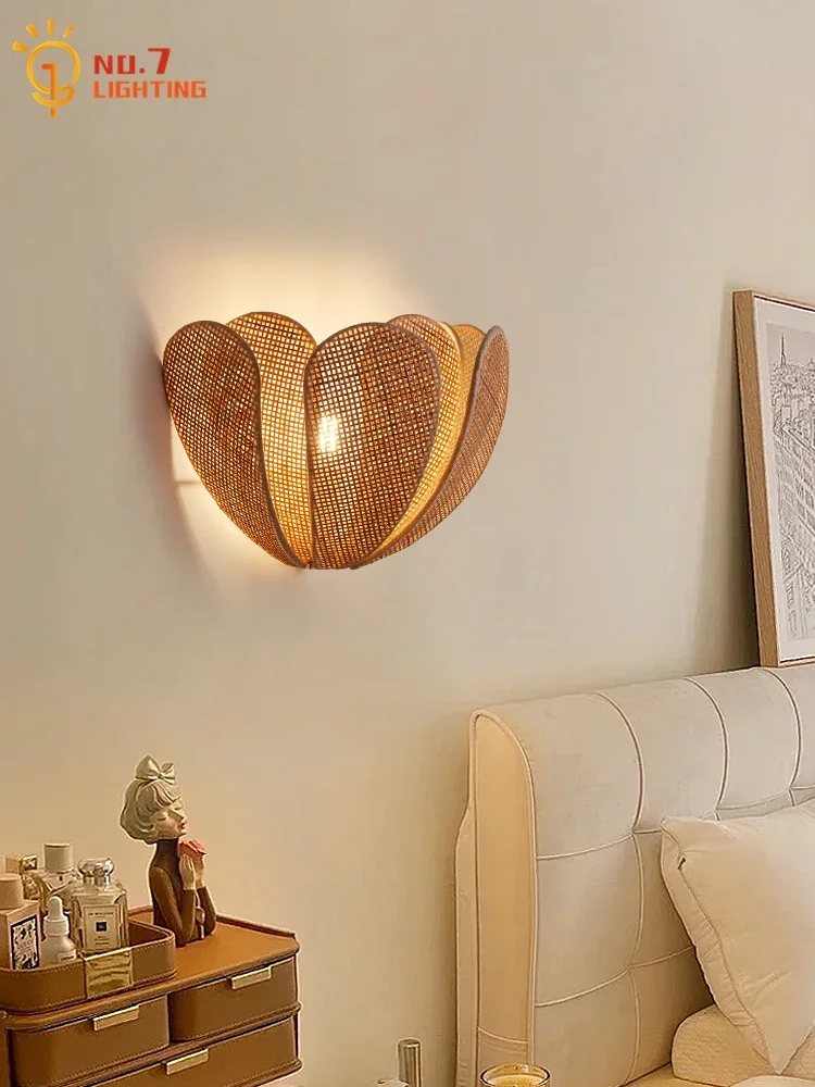 Japanese Wabi-Sabi Rattan Weaving Petal Wall Lamp LED E27 Atmosphere Art Decorative Wall Mounted Modern Light Fixtures Luminaria 3