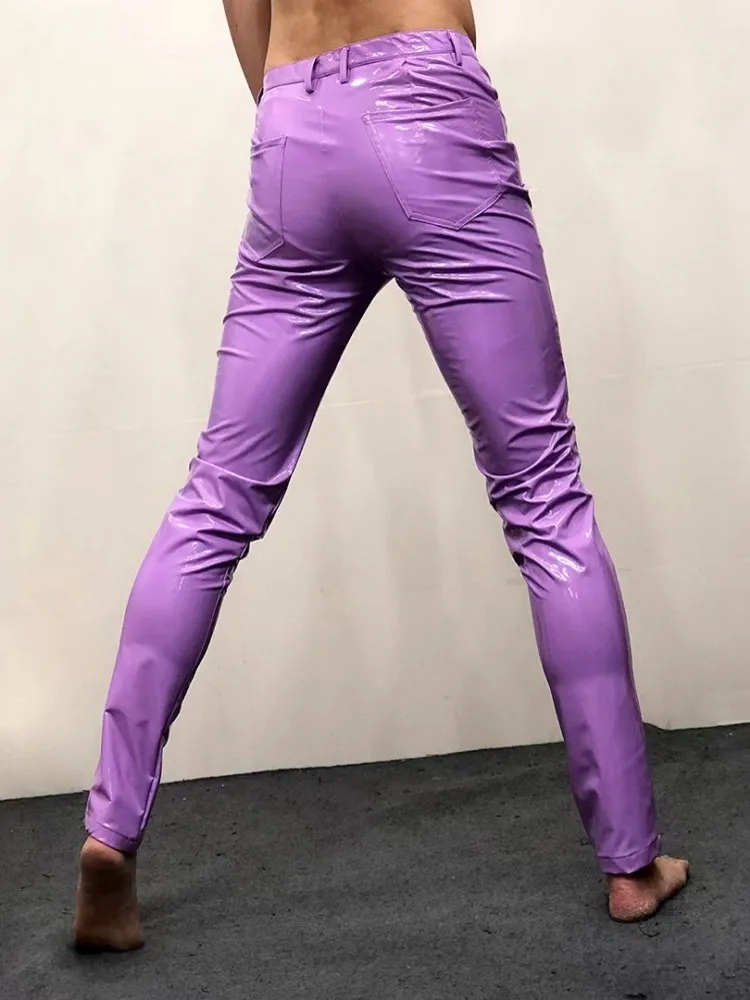 Sexy Men Night Clubwear Stretchy Skinny Pencil Pants Mirror Smooth Faux Patent Leather Trousers Plus Size 6XL PU Leather Pants men trousers leather pants skinny pants