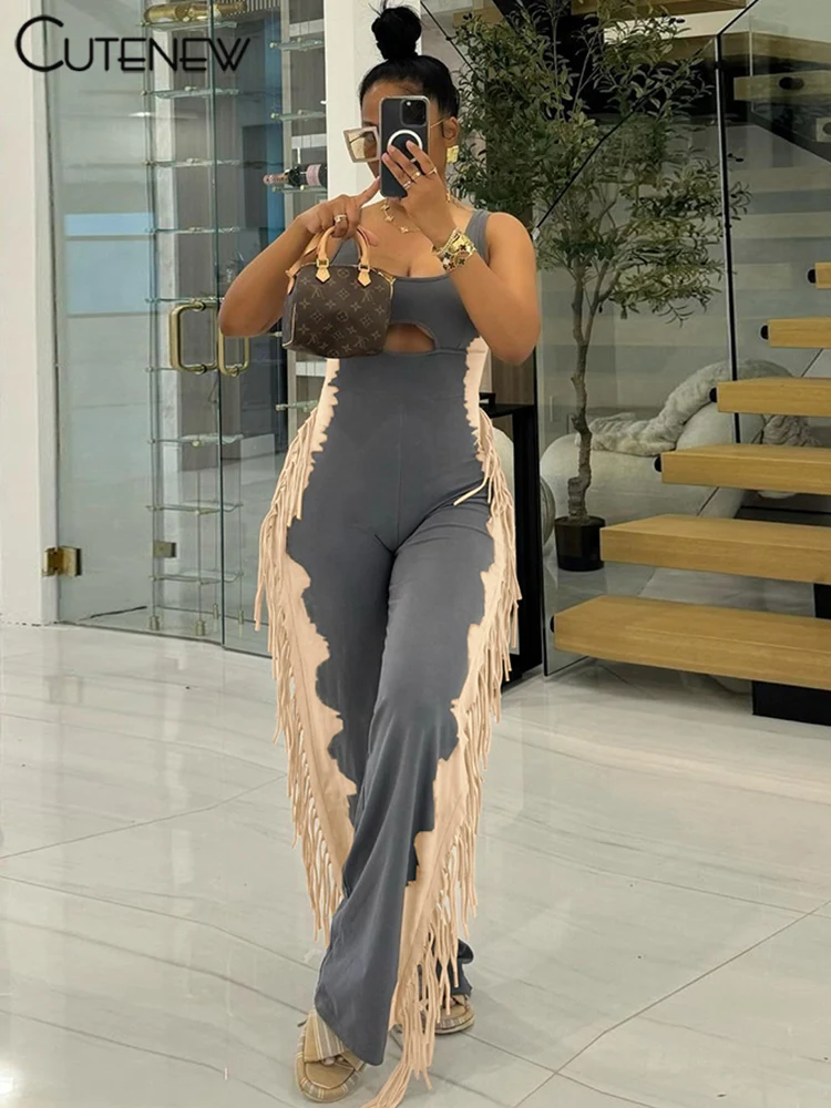 Panelled Casual Women Jumpsuits Summer Hipster Chic Tassel Sport U-neck Tank Hollow Slim Overalls Mujer Street One Piece
