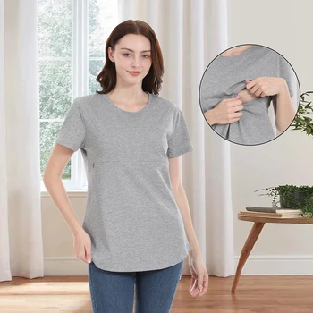 2025 Summer Maternity T Shirt Casual Breastfeeding Clothes Nursing Horizontal Zipper Lactation Top Soft Cotton Plus Size S-5XL
