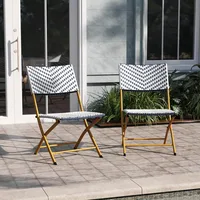 Ciel Two Piece Folding French Bistro Chairs - Navy and White PE Rattan - Natural Finish Metal Frames - Indoor/Outd 1