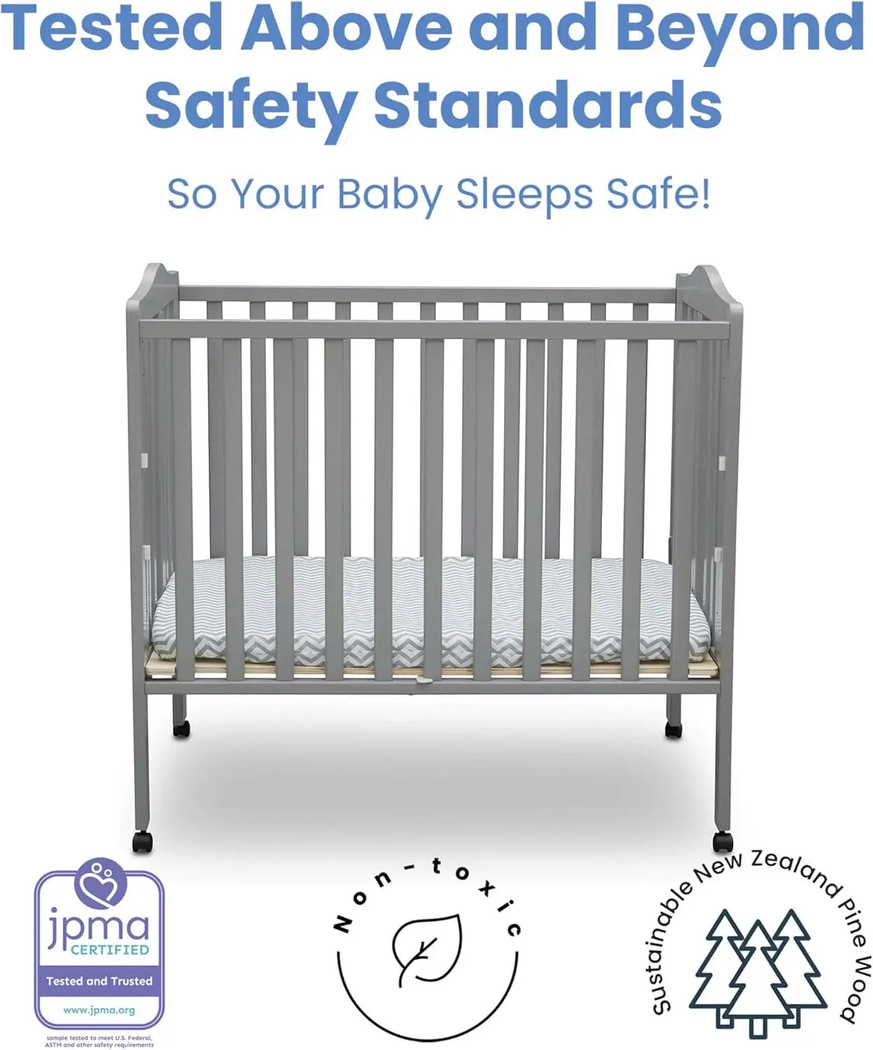 Children Folding Portable Mini Baby Crib with 1.5-inch Mattress-Gold Certified, Grey