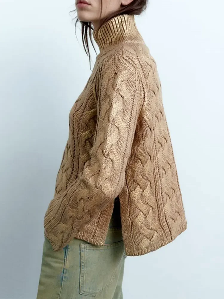 

Fashion Gold Turtleneck Bright Sweater Women Thick Twist Long Sleeve Loose Knit Jumpers Winter Chic Lady Party Street Pullovers
