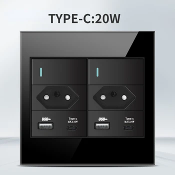 Melery เต้าเสียบมาตรฐาน4x4หน้าจอโทรศัพท์ทนไฟ, เต้าเสียบคู่ USB Type C สวิทช์ช่องไฟไฟติดผนัง20A 10A สำนักงานสีดำ 18