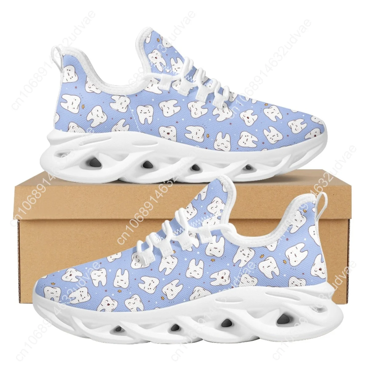 Cute Teeth Dental Pattern Ladies Mesh Sneakers Lightweight Lace-up Flat Shoes Breathable Outdoor Tennis Zapatos 2023