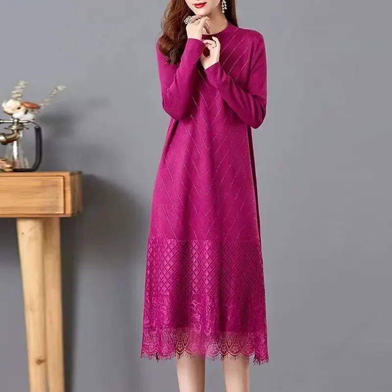 

Autumn Winter Women Oversize Loose Knit Dress 2023 New Fashion O-Neck Solid Wave Pattern Patchwork Lace Hem Female Long Sweater