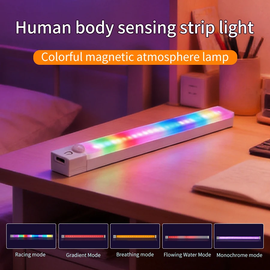 30/50cm 무선 야간 조명 게임용 책상 무드등 RGB 모션 센서 LED 라이트 바 마그네틱 충전식 캐비닛 옷장 램프