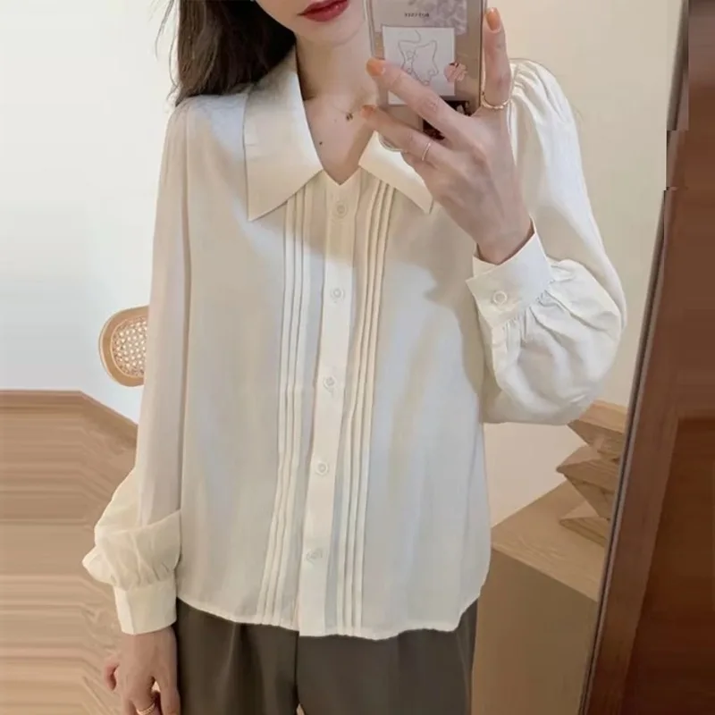 French Style Turn Down Collar White Shirt for Women Thin Tops Vintage Long Puff Sleeve Loose Clothes New Spring 2025 801