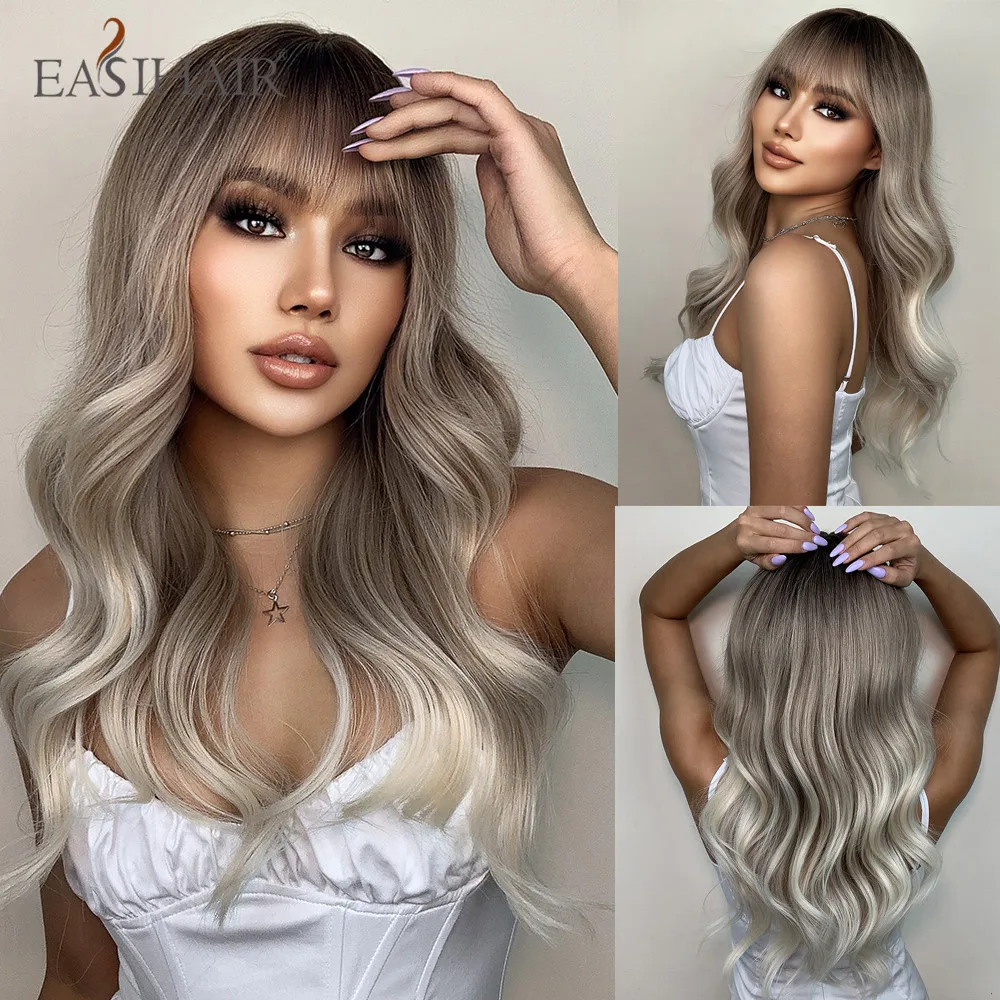 

EASIHAIR Ombre Gray Ash Long Wavy Wigs with Bangs Light Platinum Blonde Synthetc Wigs for Women Daily Party Heat Resistant Fiber