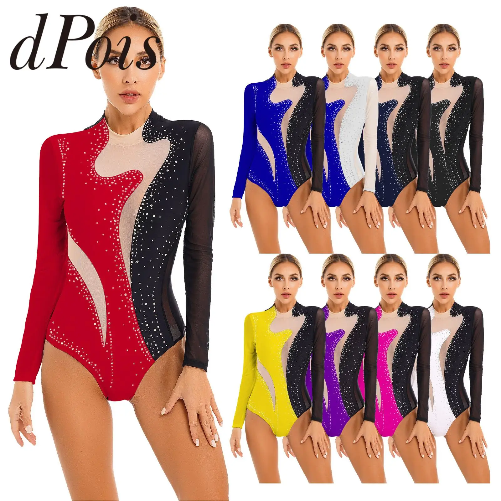 

Gymnastics Jumpsuit for Women Sheer Mesh Long Sleeve Figure Skating Bodysuit Performance Dancewear Femme Ballet Dance Leotard