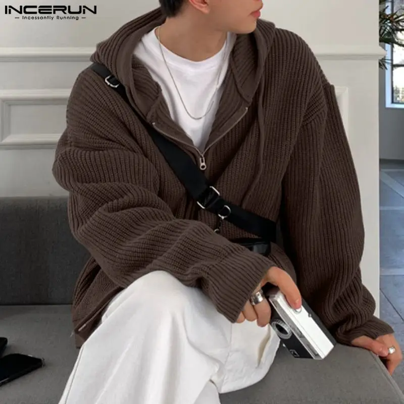 

INCERUN Men Cardigan Sweater Zipper Knitted Hooded Solid Long Sleeve Casual Male Outerwear Streetwear Autumn 2023 Sweaters S-5XL