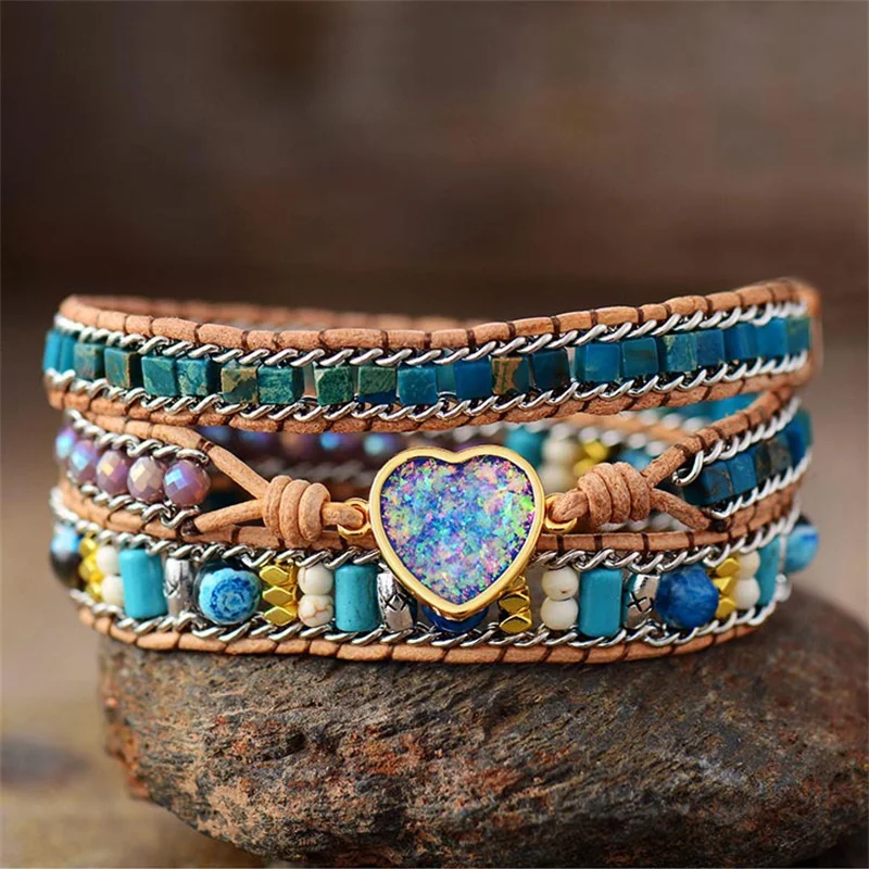 Bohemian Handmade Natural Turquoise Stone Blue Opal Heart Charm 3 Strands Leather Wrap Bracelet For Women