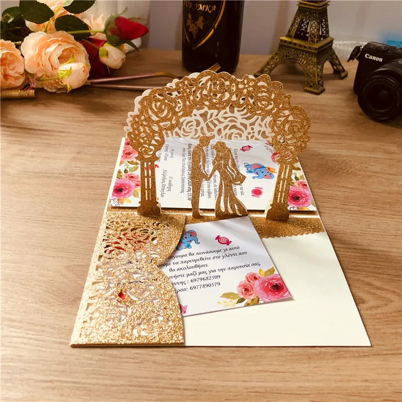 Description Picture 2 of item3D Bride and Groom Rose Gold Pop Up Wedding Invitations Laser Cut Greeting Cards Envelope Bridal Shower Invitation Cards