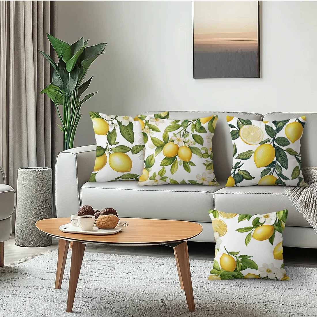 4Pcs 레몬 꽃 쿠션 커버 단면 인쇄 40/45/50CM 투척 베개 커버 소파 쿠션 홈 룸 장식