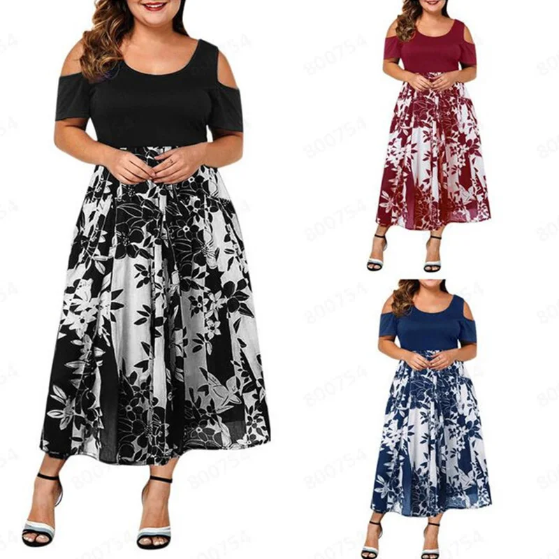 Elegant O-Neck Solid Off Shoulder Hollow Out Short Sleeve Women Casual Printing Patchwork Elastic Waist Plus Size Midi Dress