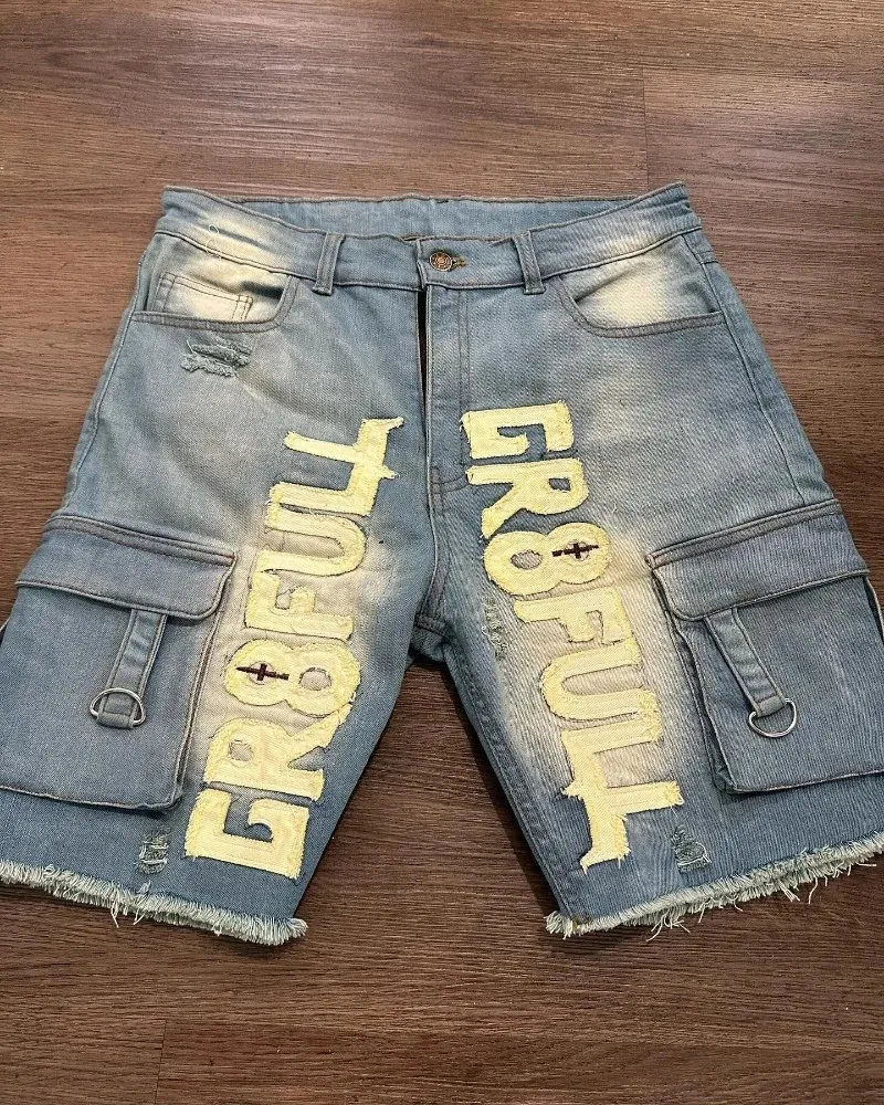 American New Fashion Letters Embroidered Baggy Denim Shorts Men Y2K Harajuku Vintage Hip Hop Popular Casual Shorts Streetwar