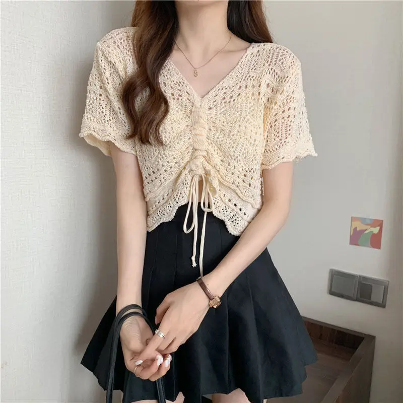 2022 Summer New Drawstring Lady V-neck Short Hollow Knitted Women's Hollowed out Short Sleeved Top Sweater Beige