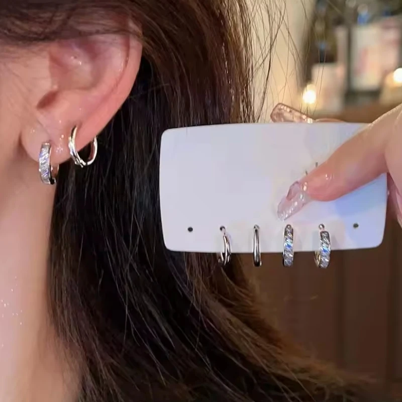 4Pcs/Set Fashion Silver Color Zircon Crystal Hoop Earrings for Women Egirl Simple Metal Circle Earrings Aesthetic Y2K Jewelry