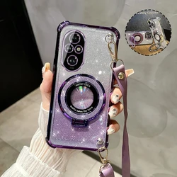 Crossbody Lanyard Glitter Plating Shockproof Phone Case with MagSafe Holder for Honor 70 (PURPLE)