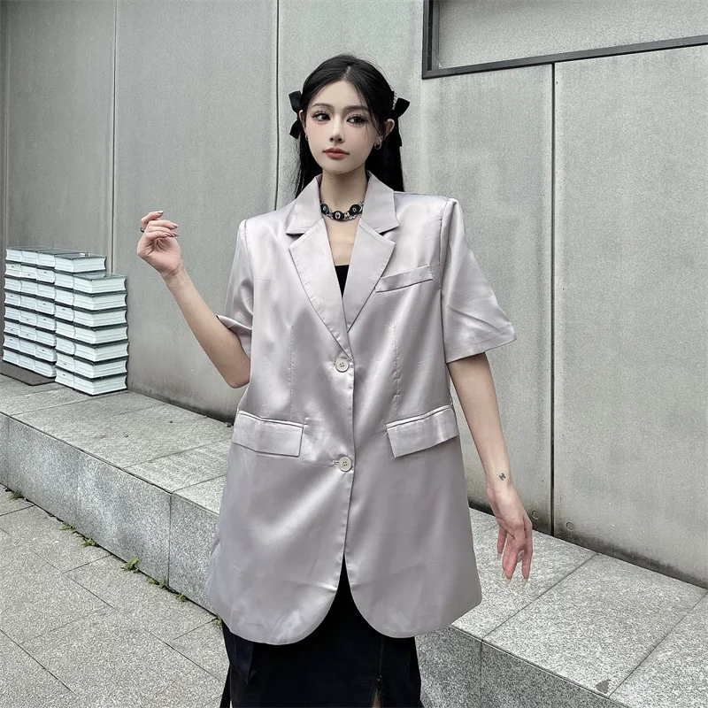 얇은 산성 실크 사이드 슬릿 짧은 소매 정장 재킷 여름 느슨한 맞는 캐주얼 서양식 의류 남성 여성을위한