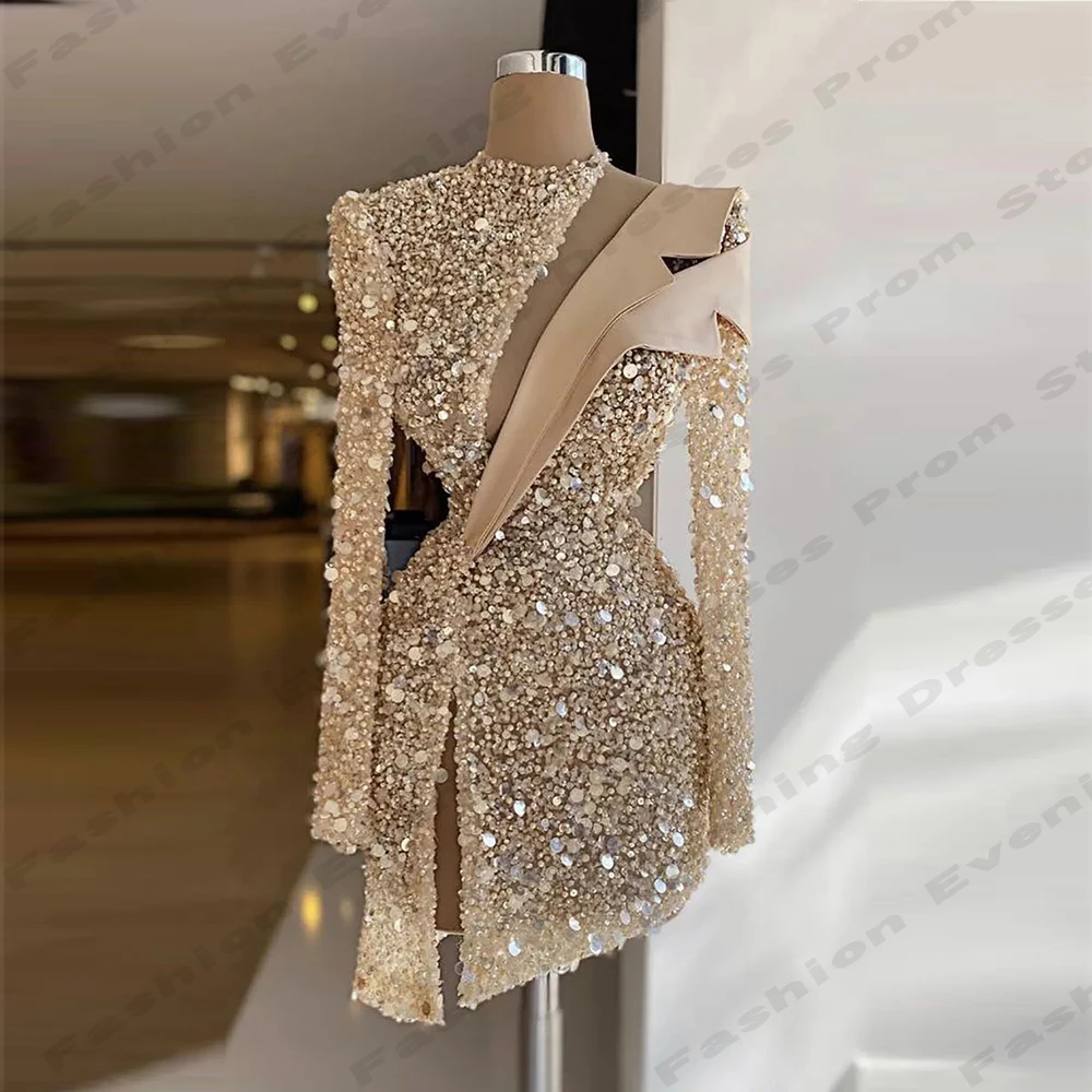 Luxurious Sparkling Short Evening Dresses For Women Fascinating Romantic Sexy High Necked Long Sleeved Luxury Party Prom Gowns