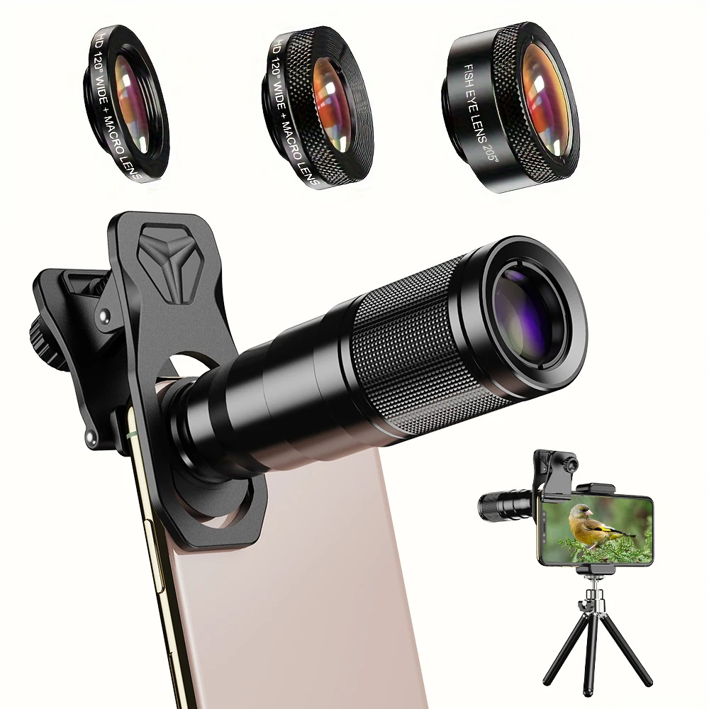 APEXEL 휴대폰 카메라 렌즈 키트, 4 in 1 망원 줌, 22X 렌즈 망원경, 단안 와이드 매크로 어안 렌즈 삼각대, 스마트폰용
