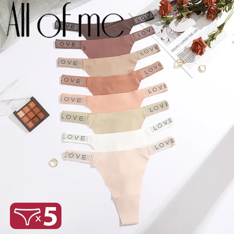 5Pcs/Set Seamless Panty Low Waist Sexy Panties Women Thongs Rhinestones Letter Diamonds G-string Sports Thong Briefs T-back