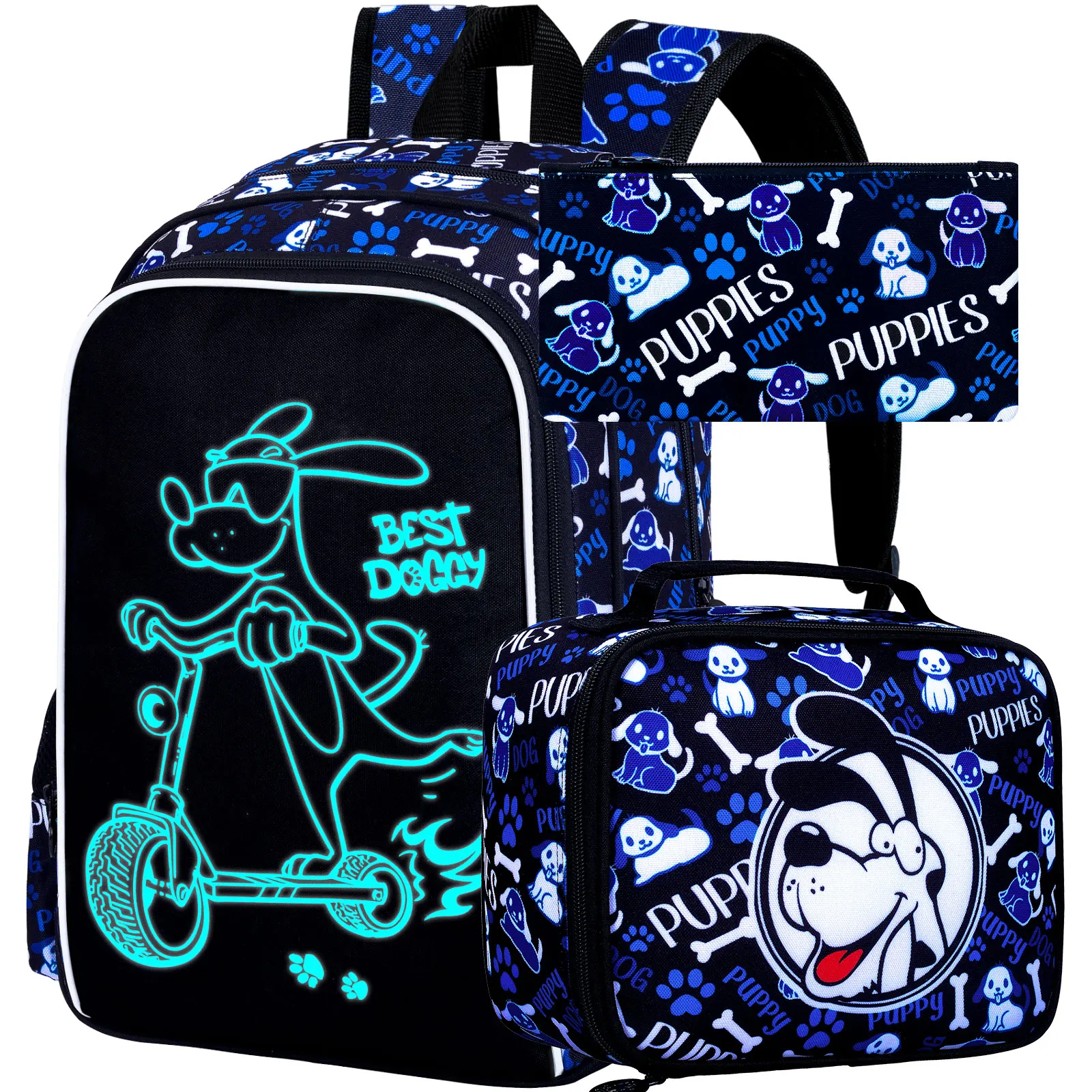 17 Inches Glow in The Dark Dog Backpack for Boys, 3Pcs School Bookbag Set for Teens, Laptop Backpacks with Lunch Bag(Blue).