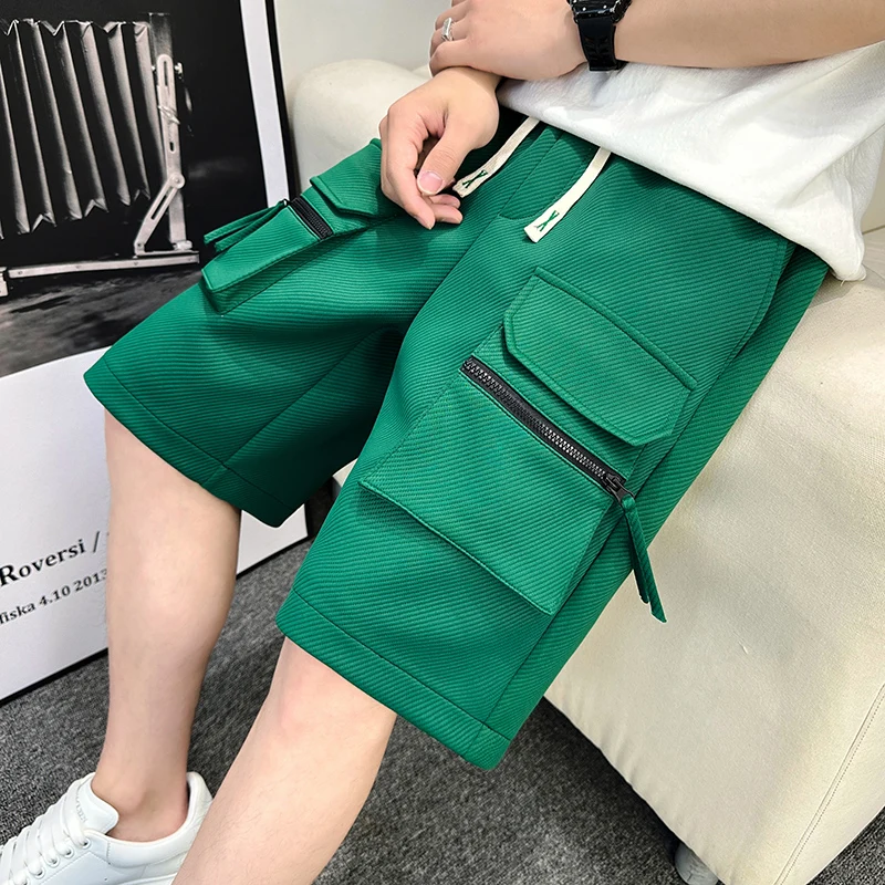 New 2024 Men's Summer Casual Shorts Streetwear Solid Elastic Waist Knee-Length Pant Sports Outdoor Loose Drawstring Short Jooger
