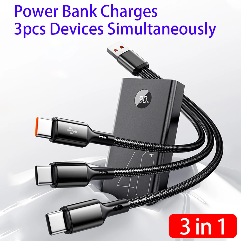 NNBILI 3 in 1 100W 6A USB-A to 3 ×Type-C 고속 충전 데이터 케이블 (삼성 S26, 화웨이, 안드로이드 폰용) 데이터 전송 코드 0.2M