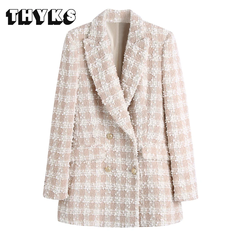 

Ladies Fashion Tweed Double Breasted Blazer Long Sleeve Vintage Flap Pocket Top Elegant Chic Ladies Outerwear Casaco Feminino