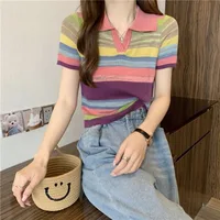 Ice Silk Knitted T-shirts Sexy Crop Top Pretty Short Sleeve Striped Women's Polo Korean Popular Clothes Casual Lapel Female Tee - Image 3