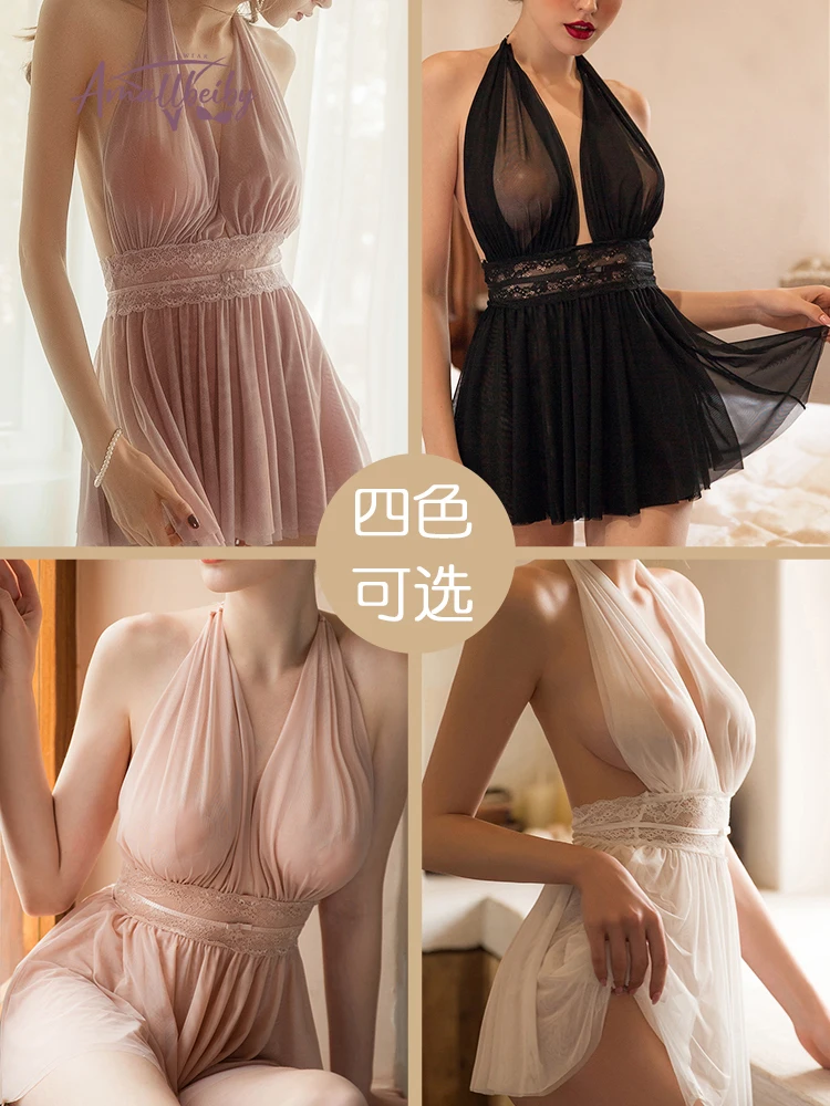 Backless Tulle Nightdress Lace Halter Neck Mesh Underwear Nighty for Ladies Night Dress Sleepwear Women Sexy Lingerie Nightwear